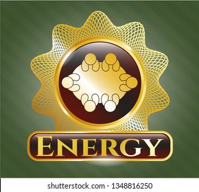  Gold badge or emblem with business meeting teamwork icon and Energy text inside