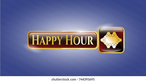  Gold badge or emblem with business meeting teamwork icon and Happy Hour text inside
