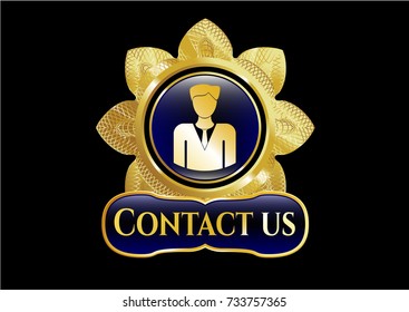  Gold badge or emblem with businessman icon and Contact us text inside