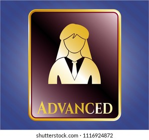  Gold badge or emblem with businesswoman icon and Advanced text inside