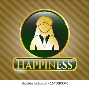  Gold badge or emblem with businesswoman icon and Happiness text inside