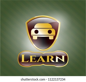  Gold badge or emblem with car seen from front icon and Learn text inside