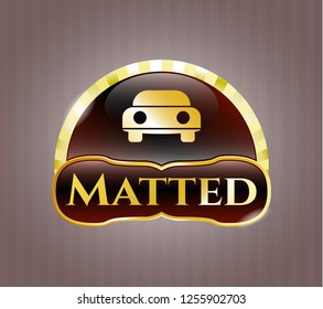  Gold badge or emblem with car seen from front icon and Matted text inside