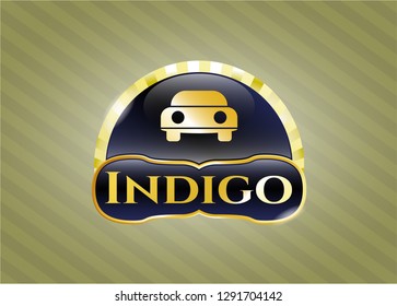  Gold badge or emblem with car seen from front icon and Indigo text inside