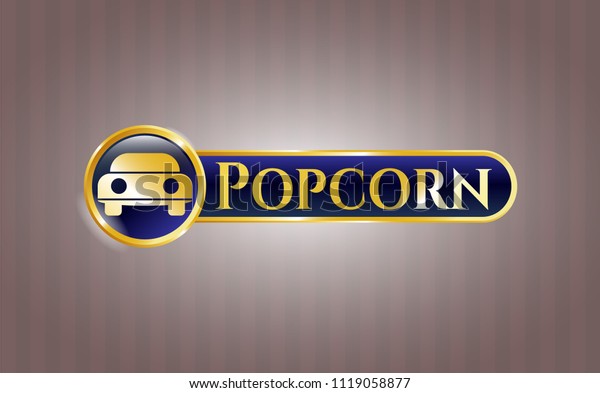 Gold badge or emblem with car seen from front\
icon and Popcorn text inside
