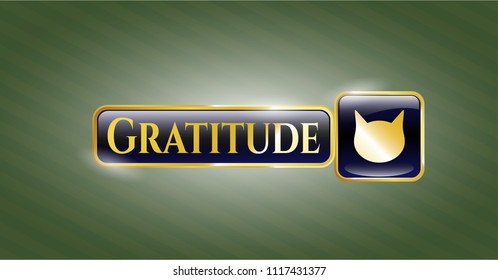  Gold badge or emblem with cat face icon and Gratitude text inside