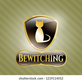  Gold badge or emblem with cat icon and Bewitching text inside