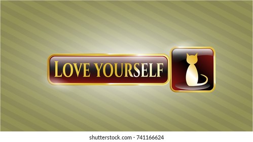  Gold badge or emblem with cat icon and Love Yourself text inside