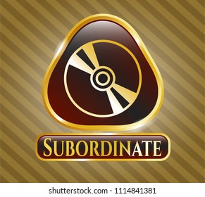  Gold badge or emblem with CD or DVD disc icon and Subordinate text inside