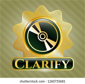  Gold badge or emblem with CD or DVD disc icon and Clarify text inside