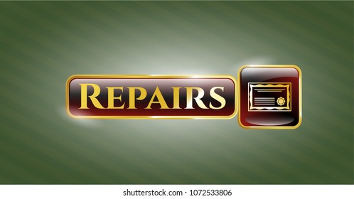   Gold badge or emblem with certificate icon and Repairs text inside