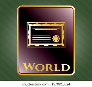  Gold badge or emblem with certificate icon and World text inside