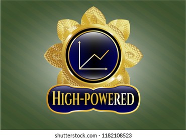   Gold badge or emblem with chart icon and High-powered text inside