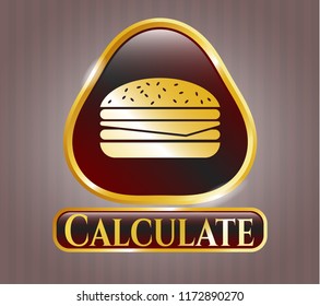  Gold badge or emblem with cheeseburger icon and Calculate text inside