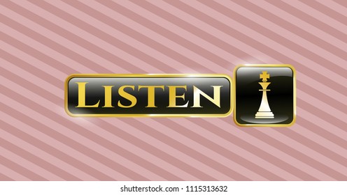  Gold badge or emblem with chess king icon and Listen text inside