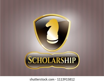   Gold badge or emblem with chess knight icon and Scholarship text inside