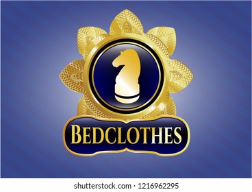  Gold badge or emblem with chess knight icon and Bedclothes text inside
