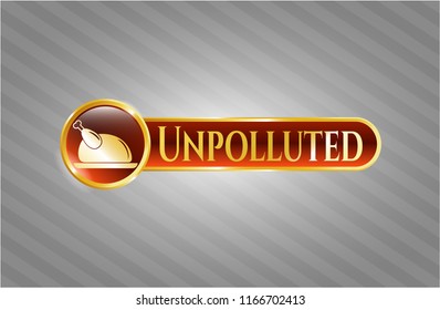  Gold badge or emblem with chicken dish icon and Unpolluted text inside