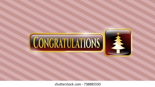  Gold badge or emblem with christmas tree icon and Congratulations text inside