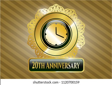  Gold Badge Or Emblem With Clock, Time Icon And 20th Anniversary Text Inside