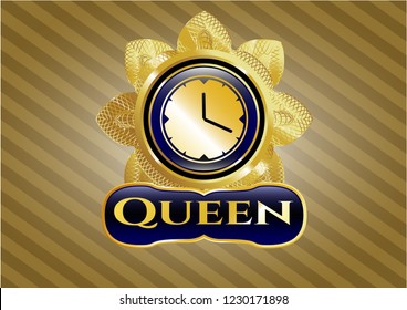  Gold badge or emblem with clock, time icon and Queen text inside