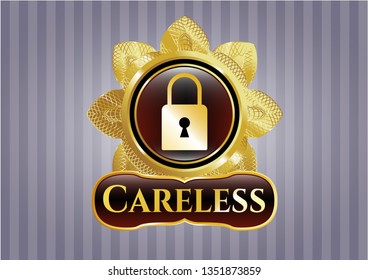   Gold badge or emblem with closed lock icon and Careless text inside