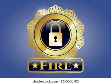 Gold badge or emblem with closed lock icon and Fire text inside