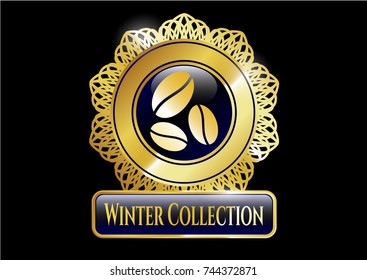  Gold badge or emblem with coffee bean icon and Winter Collection text inside