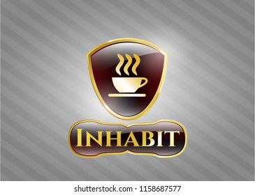  Gold badge or emblem with coffee cup icon and Inhabit text inside