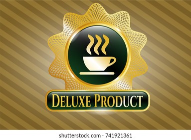  Gold badge or emblem with coffee cup icon and Deluxe Product text inside