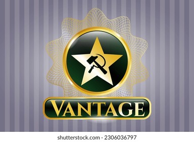 Gold badge or emblem with communism icon and Vantage text inside