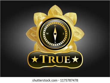  Gold badge or emblem with compass icon and True text inside