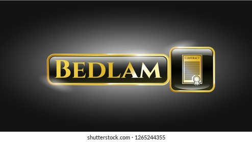  Gold badge or emblem with contract icon and Bedlam text inside