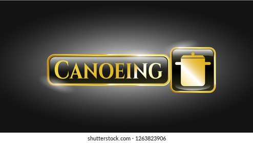  Gold badge or emblem with cooking pot icon and Canoeing text inside