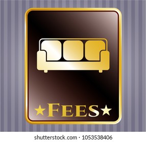  Gold badge or emblem with couch icon and Fees text inside