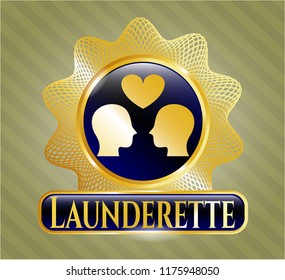  Gold badge or emblem with couple in love icon and Launderette text inside