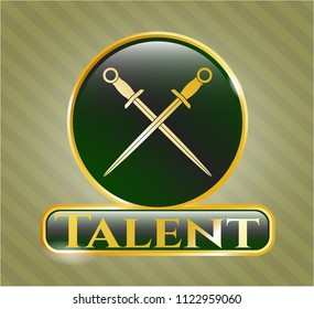  Gold badge or emblem with crossed swords icon and Talent text inside