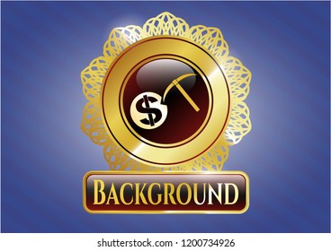  Gold badge or emblem with cryptocurrency mining icon and Background text inside