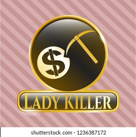  Gold badge or emblem with cryptocurrency mining icon and Lady Killer text inside