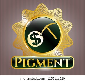  Gold badge or emblem with cryptocurrency mining icon and Pigment text inside