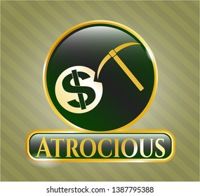  Gold badge or emblem with cryptocurrency mining icon and Atrocious text inside
