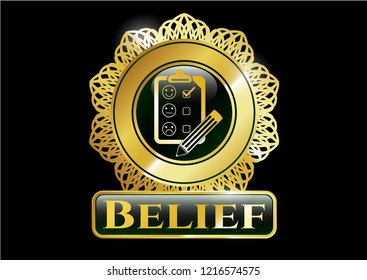  Gold badge or emblem with customer feedback icon and Belief text inside