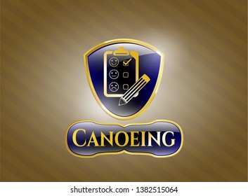  Gold badge or emblem with customer feedback icon and Canoeing text inside