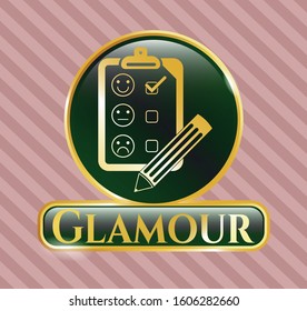  Gold badge or emblem with customer feedback icon and Glamour text inside