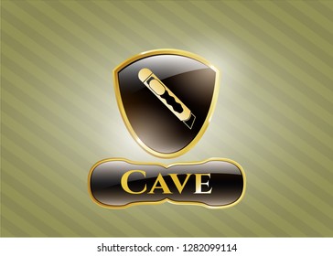  Gold badge or emblem with cutter icon and Cave text inside