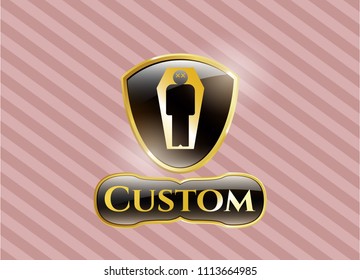   Gold badge or emblem with dead man in his coffin icon and Custom text inside