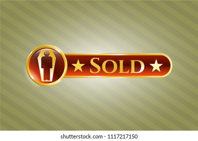  Gold badge or emblem with dead man in his coffin icon and Sold text inside
