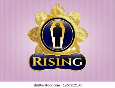  Gold badge or emblem with dead man in his coffin icon and Rising text inside