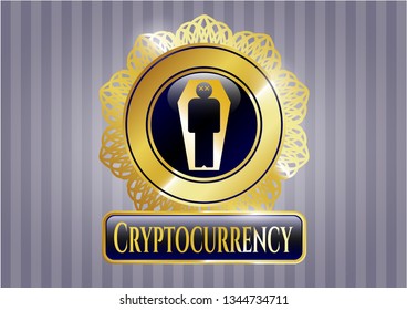  Gold badge or emblem with dead man in his coffin icon and Cryptocurrency text inside