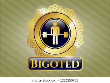  Gold badge or emblem with deadlift icon and Bigoted text inside